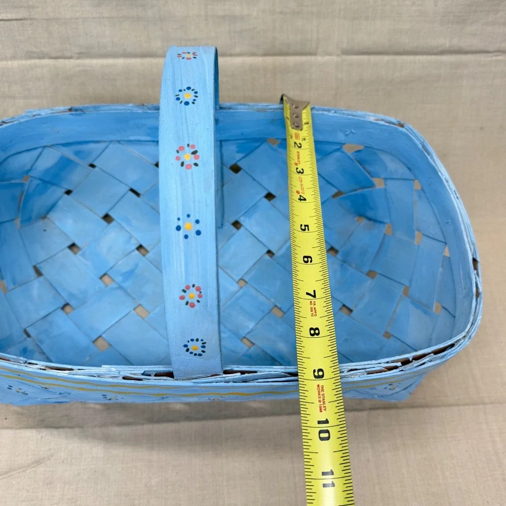 Vintage Blue Hand Painted Basket Cottagecore Storage Easter Gathering Basket
